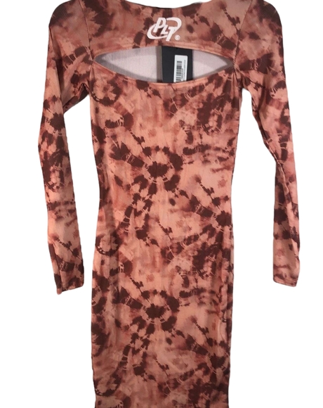 NWT PRETTYLITTLETHING Pink Tie Dye Ribbed Cut Out Long Sleeve Bodycon Dress sz 2 - Picture 3 of 4